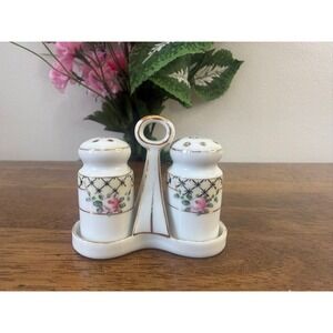 Vintage Noritake Japan Salt Pepper Shakers Floral Porcelain Set Gold Trim Holder